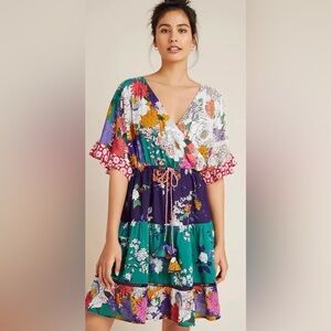 Anthropologie Womens Nettie Tiered‎ Mini Floral Wrap Ruffle Dress Boho Modal XS